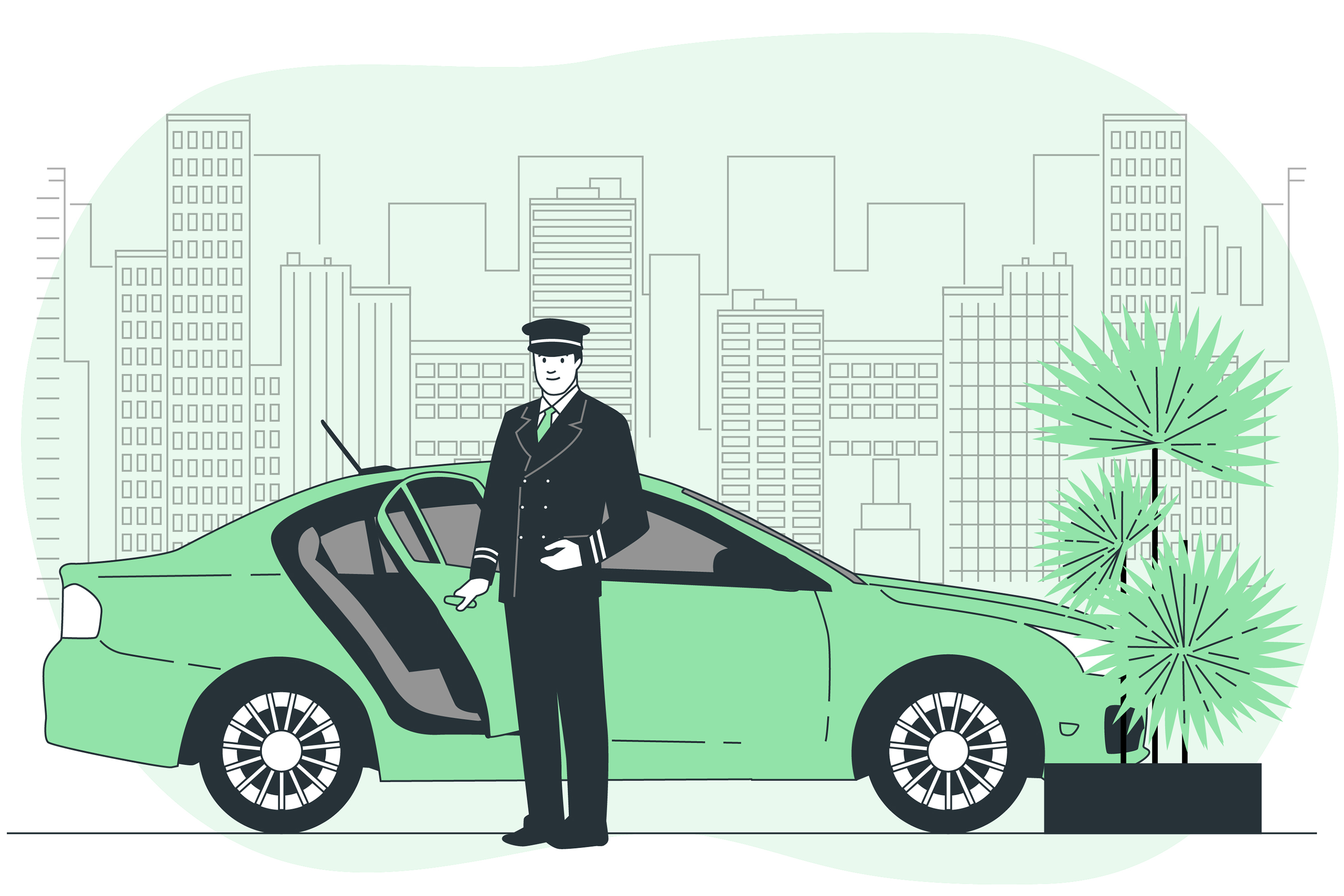 Professional taxi driver standing next to a green taxi with city skyline background